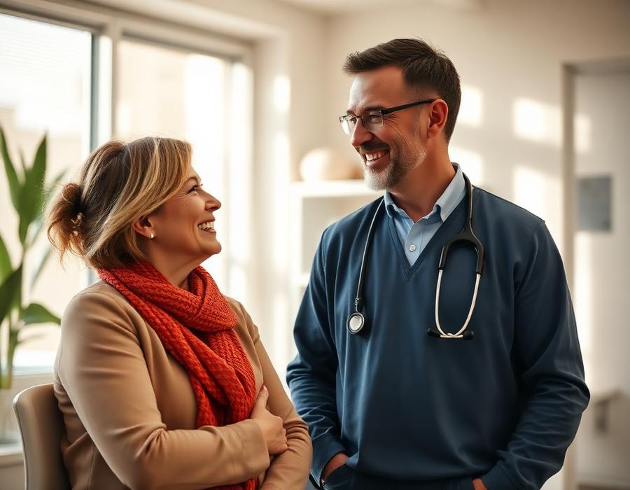 A compassionate doctor speaking warmly with a patient