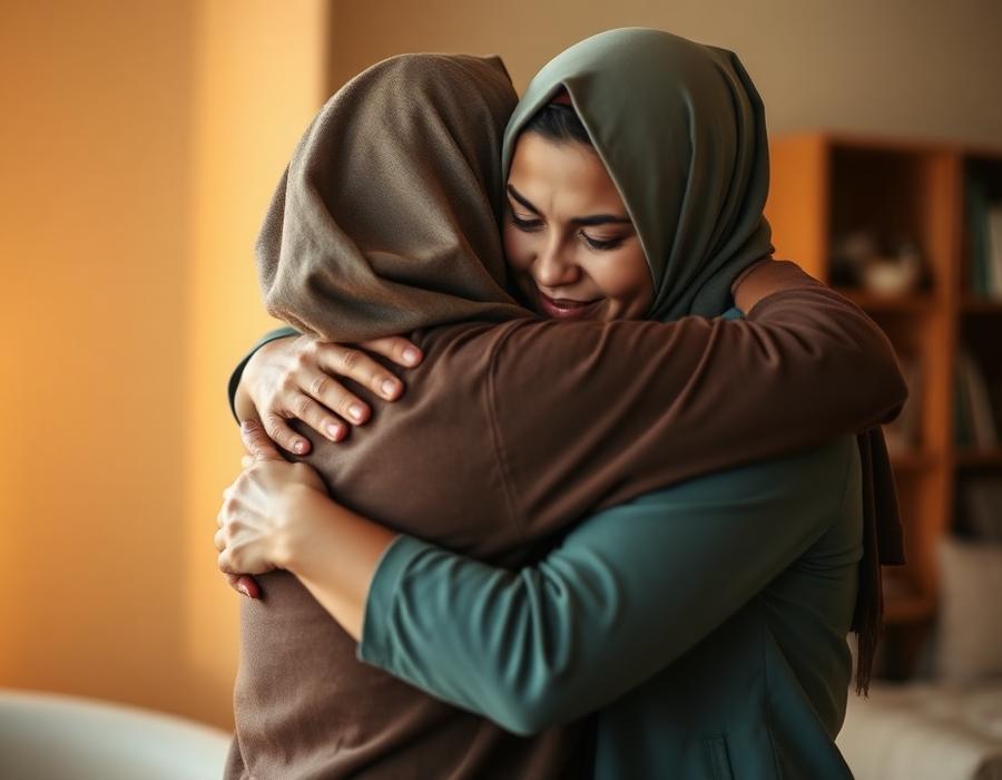 Two women embracing in a tender moment of support